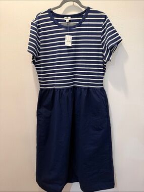 NWT J. Crew Striped short-sleeve knit mixy  dress Dark Navy Blue Stripe XL